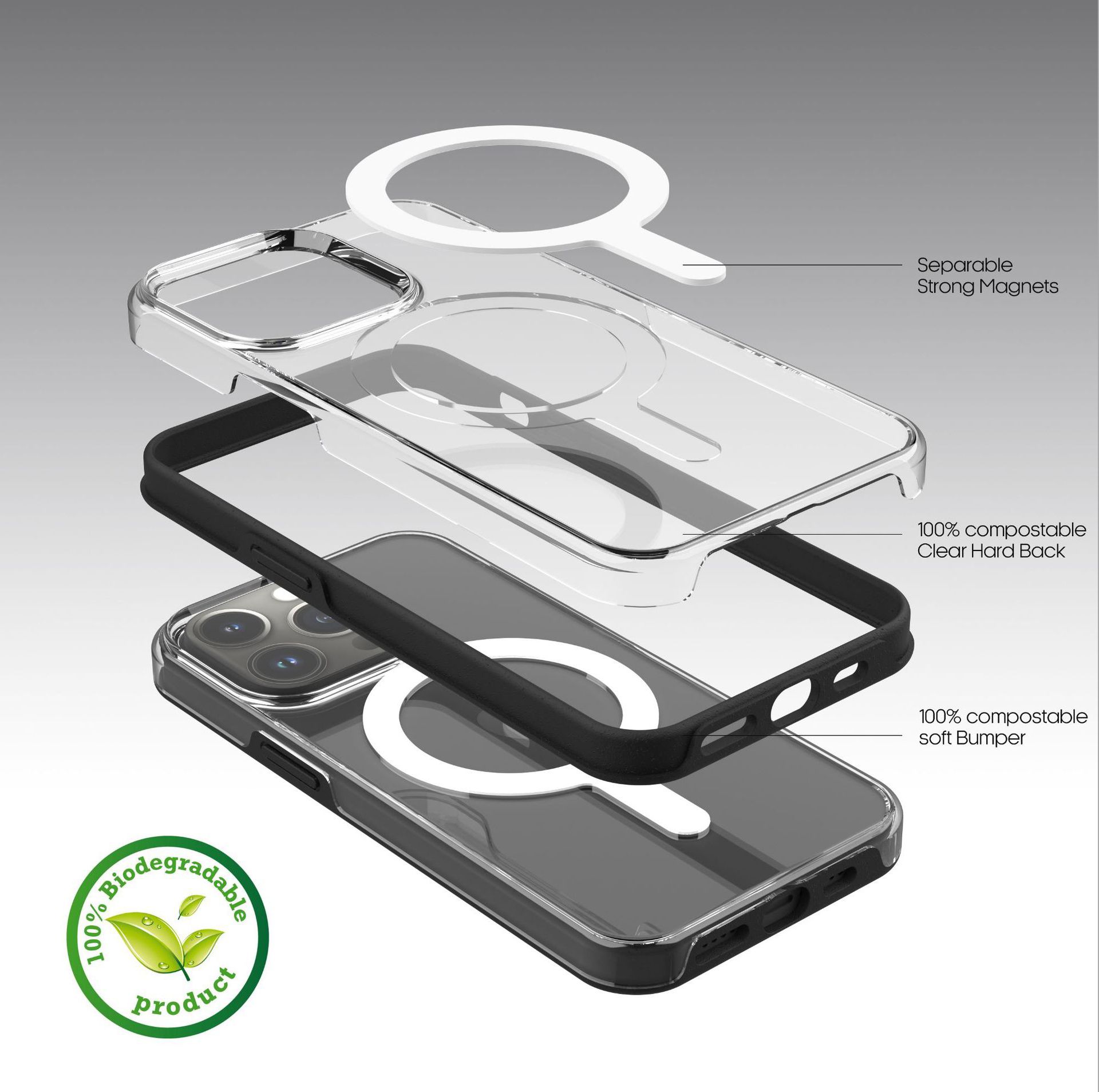 Transparent  Hybrid 100% biodegradable Case For iPhone Magsafe Version(White)